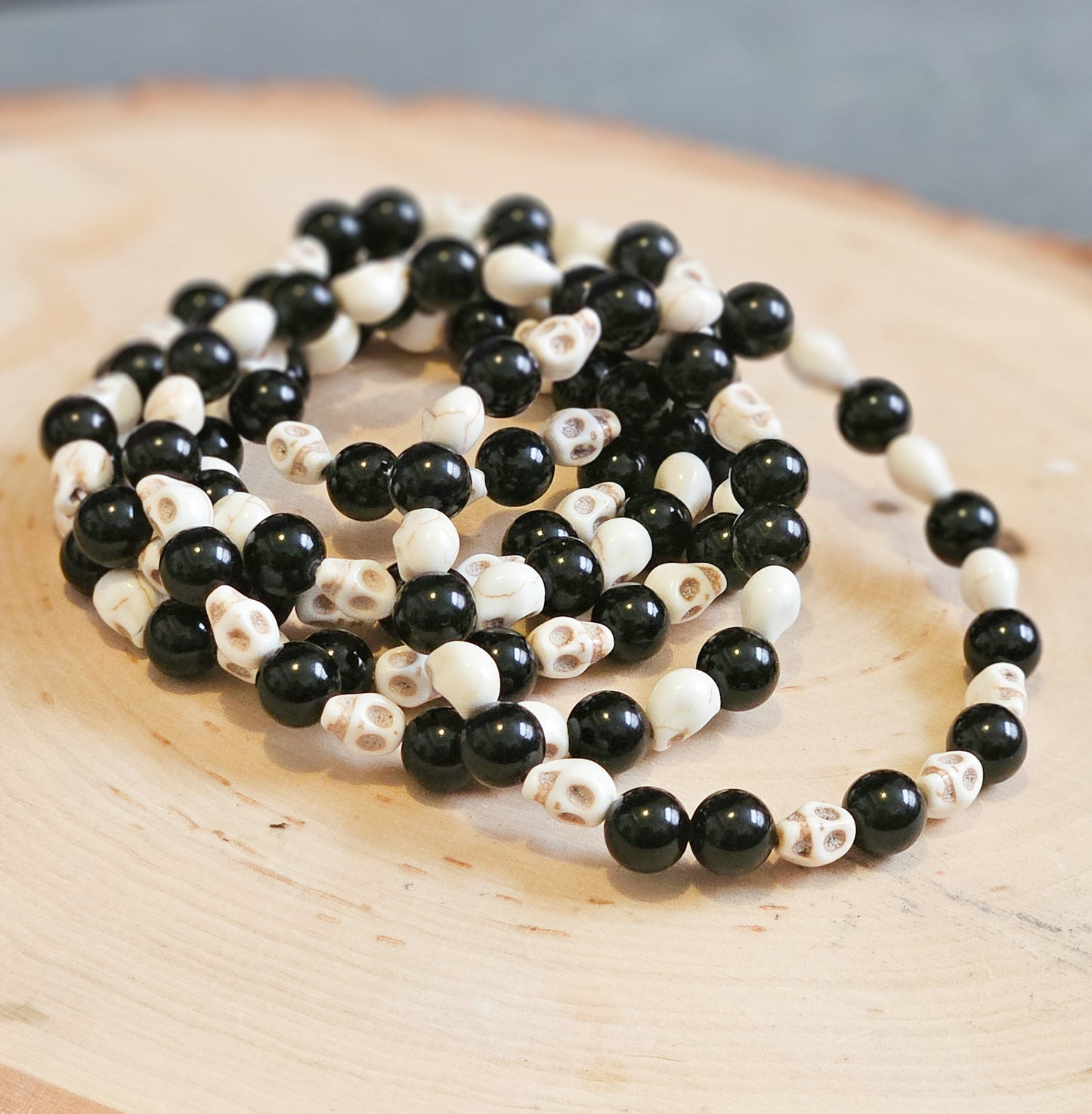 Black Obsidian and Magnesite Skull Stretch Bracelet - 8mm Beaded for Protection Size Inclusive Jewelry